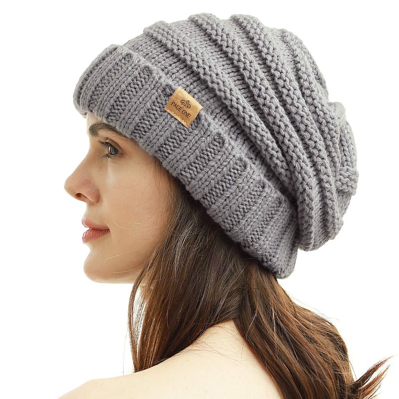PAGE ONE Womens Winter Beanie Warm Cable Knit Hat Style Stretch Trendy Ribbed Chunky Cap Light Gray - Image 1